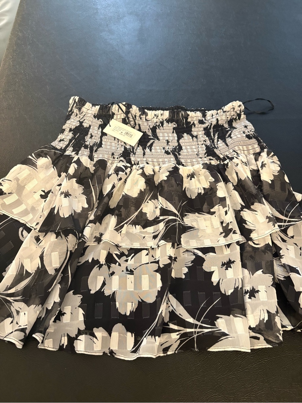 Milly Black and White Floral Smocked Tiered Mini Skirt
